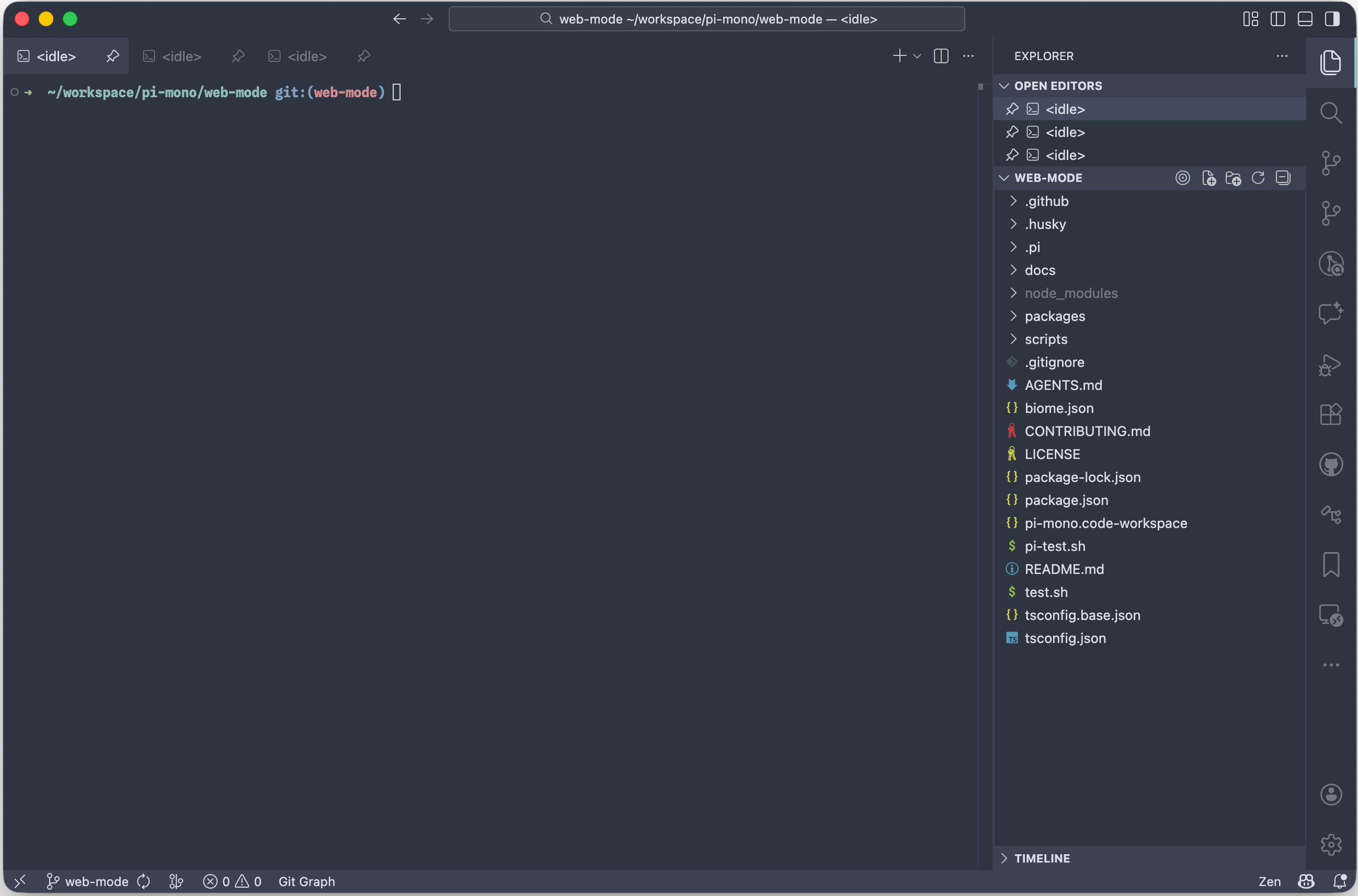 VS Code window with 3 terminal tabs in the editor area and a monorepo file explorer in the sidebar.
