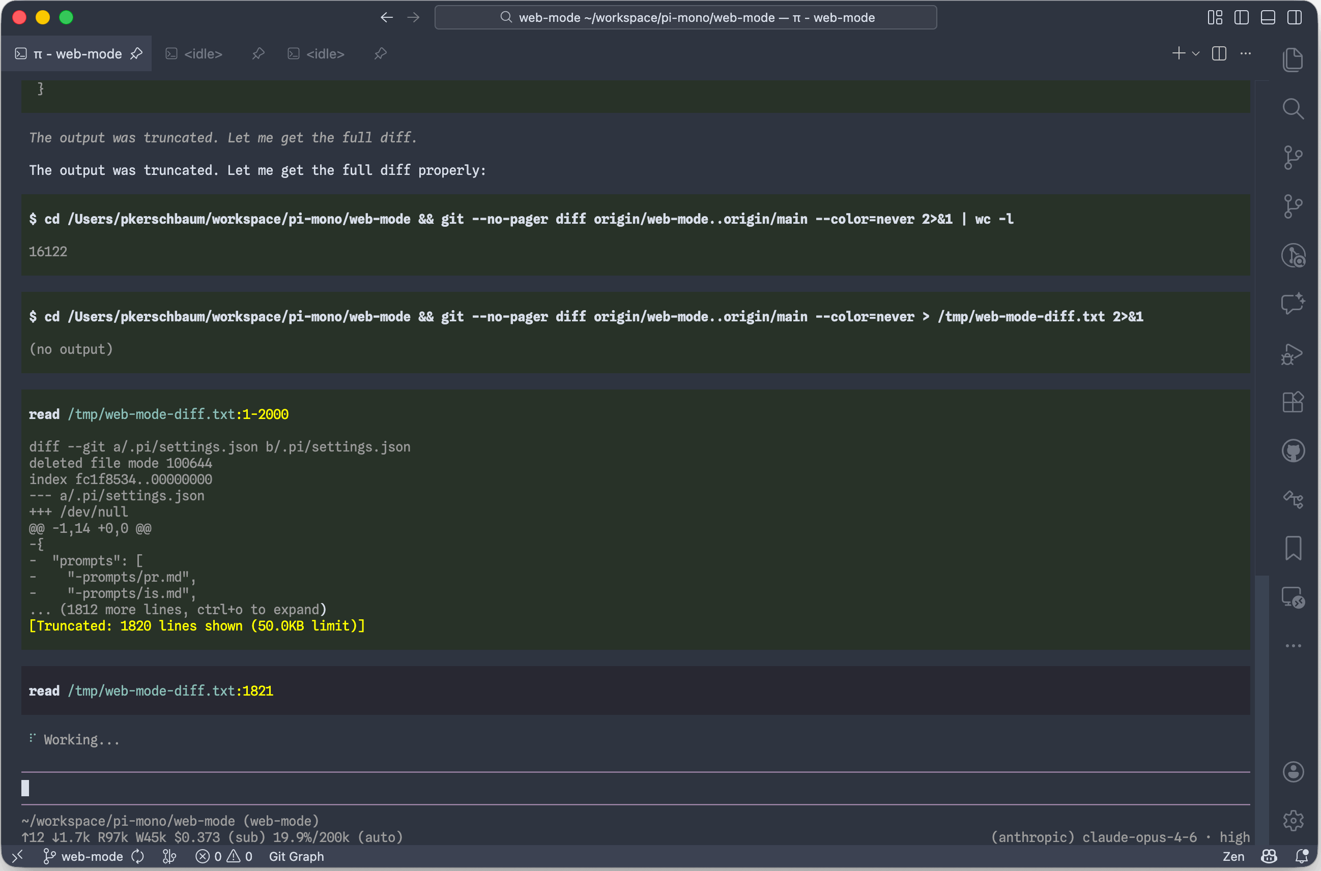 Pi Coding Agent running in VS Code, exploring a git diff with successful tool calls highlighted in green.