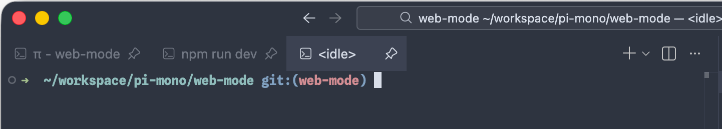 VS Code terminal tabs: "π - web-mode", "npm run dev", and an idle tab titled "<idle>".
