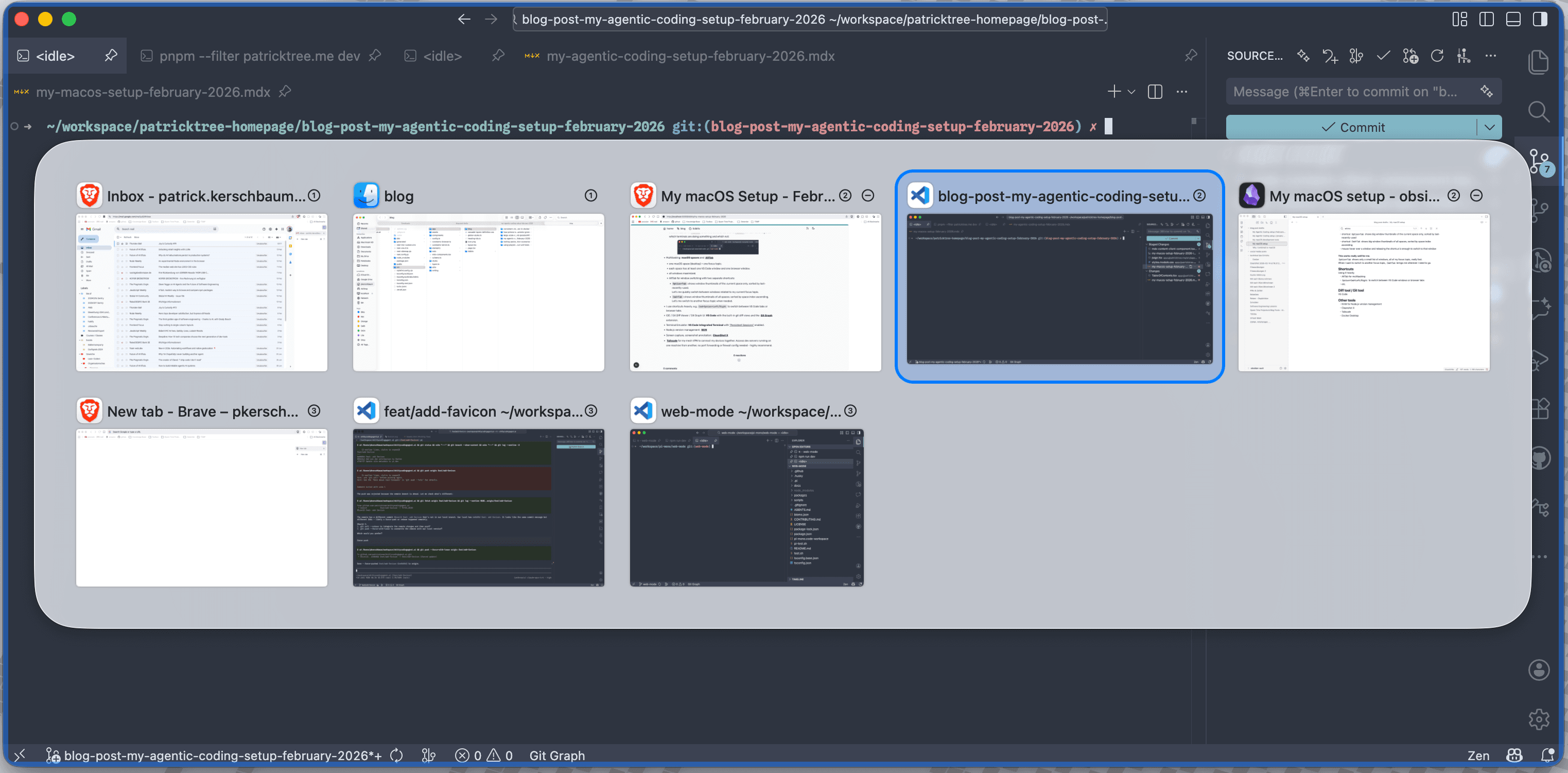 AltTab window switcher showing 8 window thumbnails across all macOS spaces.