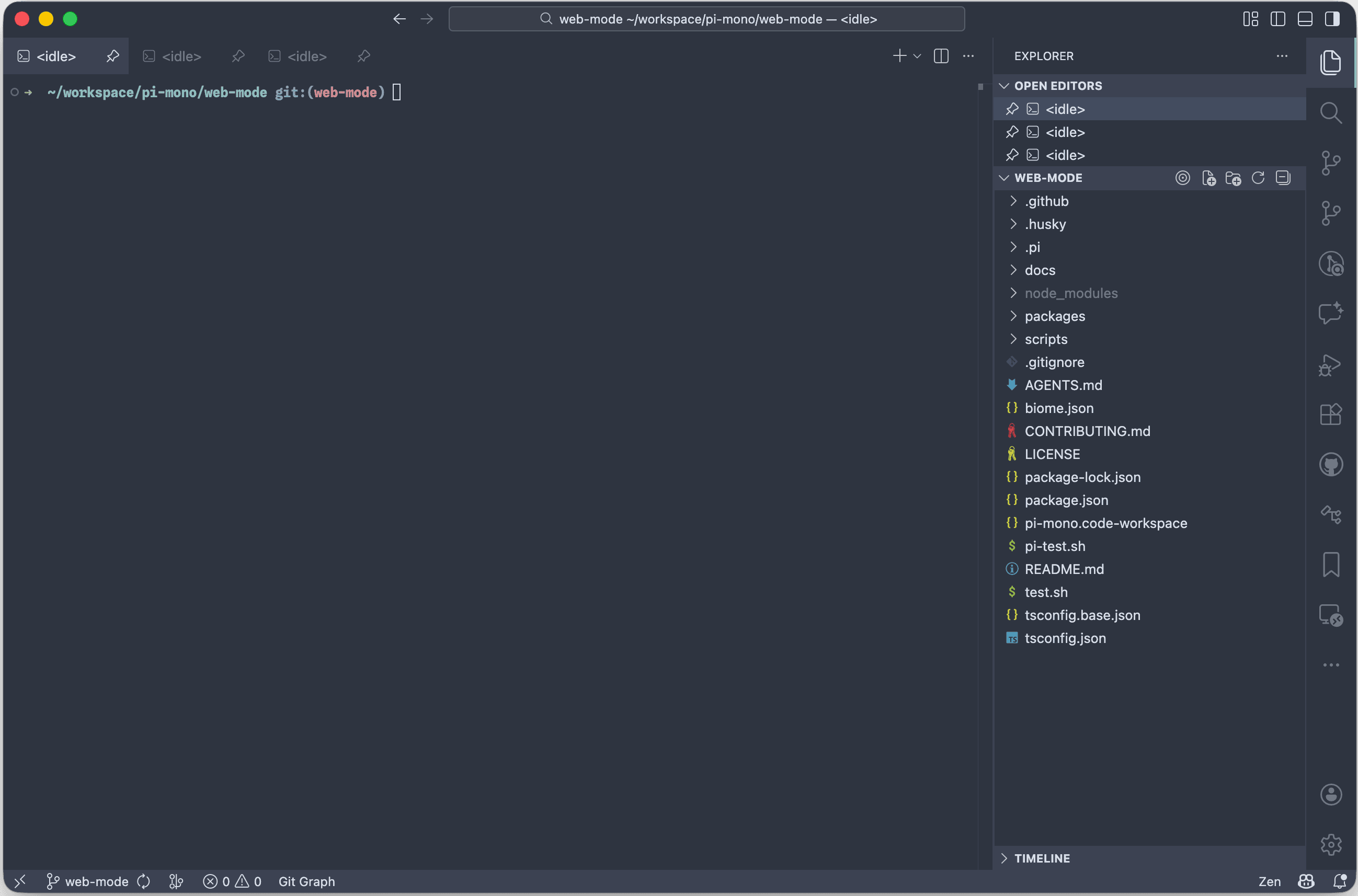 VS Code window with 3 terminal tabs in the editor area and a monorepo file explorer in the sidebar.