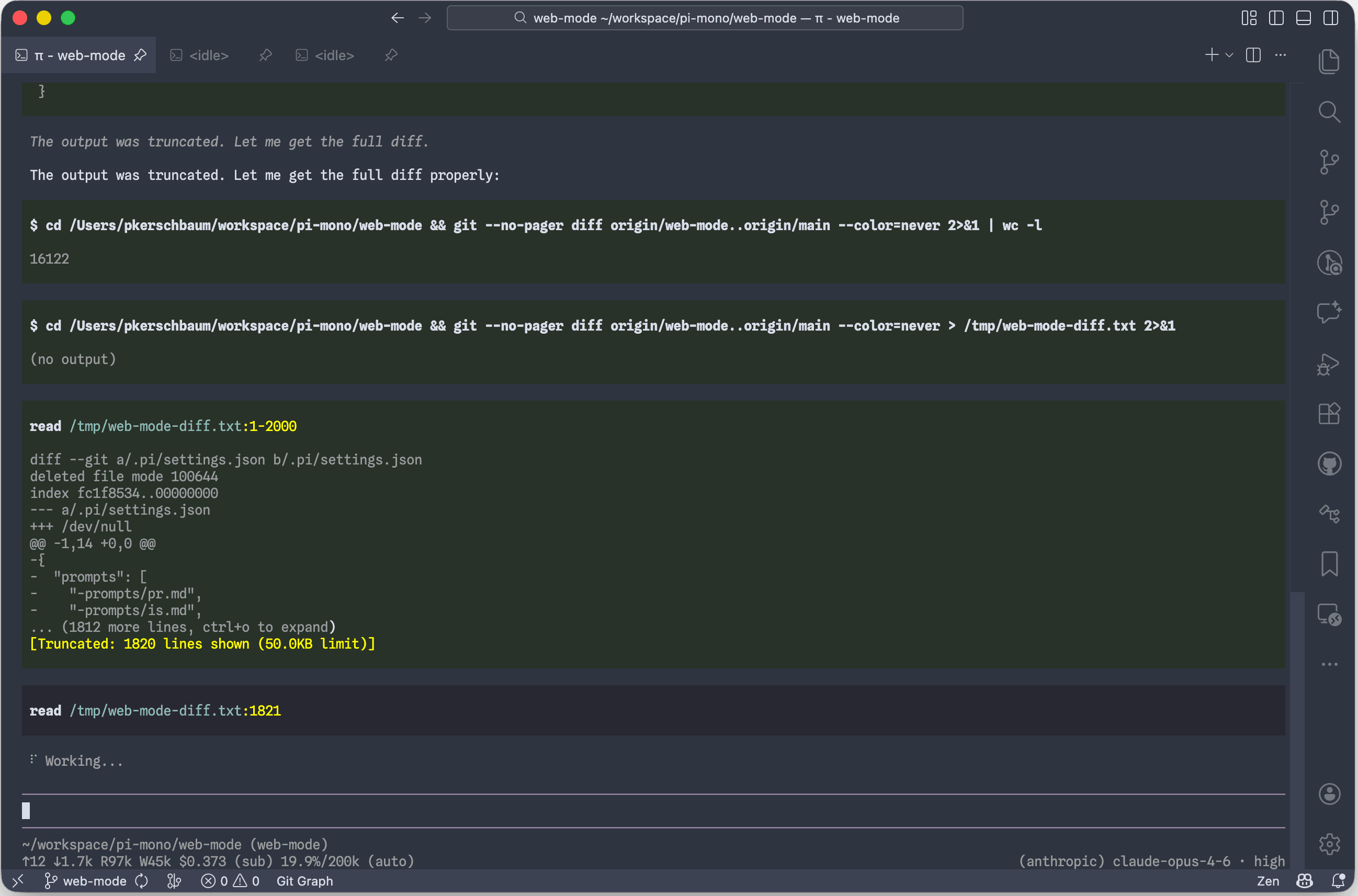 Pi Coding Agent running in VS Code, exploring a git diff with successful tool calls highlighted in green.